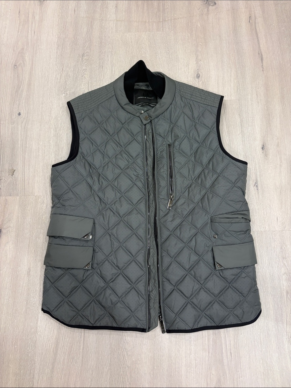 Porsche Design Quilted Gray Sleeveless Vest with Zip Chest Pocket